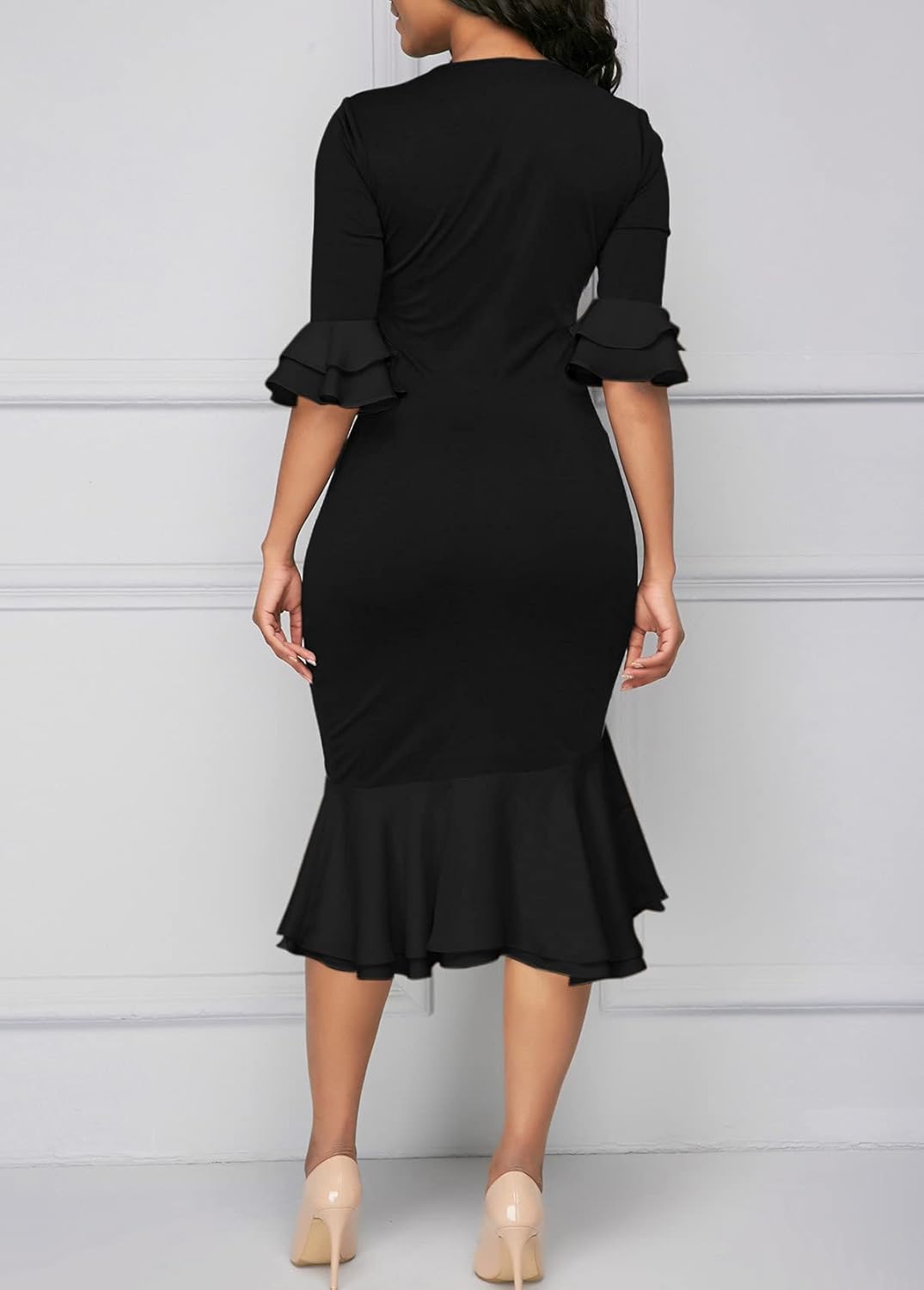 YACUN Women Bodycon Dress Cocktail Work Half Sleeve Bow Tie Party Dresses Medium Black