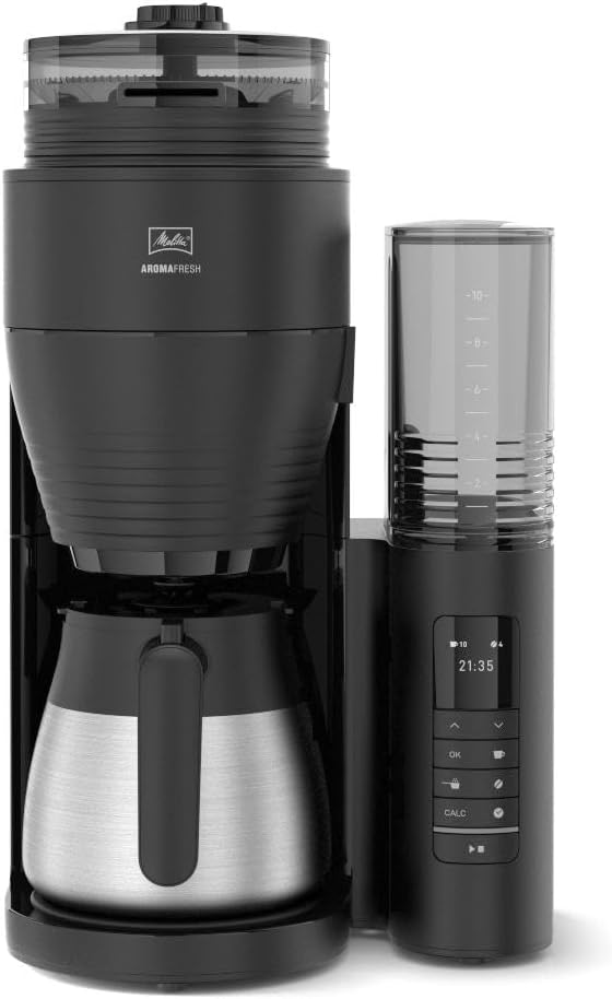 Melitta Filter Coffee Machine with Integrated Ceramic Grinder with 11 Settings, Adjustable Strength, Makes 2 to 10 Cups, Timer Function, AromaFresh II, 3.7 kg, Black/Chrome, UK Plug
