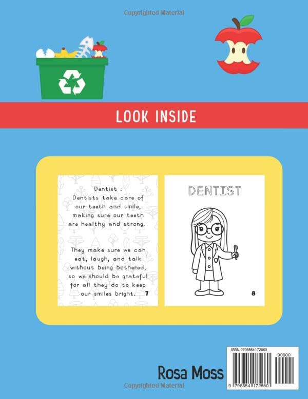 Community helpers book for preschool, Meet and respect community workers facts & coloring book, Care about the Earth, Thankful for people around us : ... policeman, teacher, farmer, trash collector - Image 2