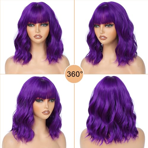 Image of AGO Purple Wig with Bangs Short Loose Wave Pastel Bob Wigs Shoulder Length Synthetic Hair for Women Girl Synthetic Heat Resistant Fiber for Daily Party Halloween Cosplay Use(415#Purple)