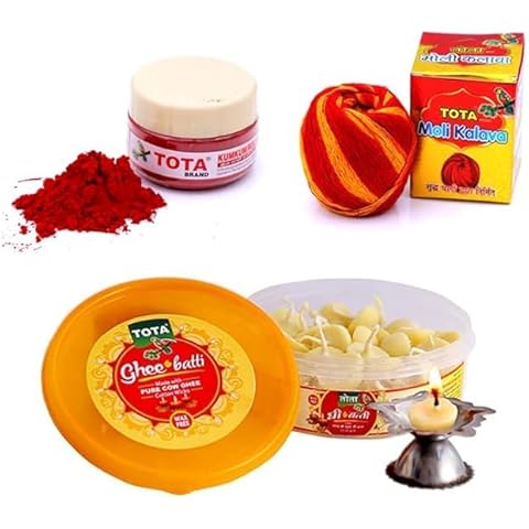 Tota Combo of Kumkum Roli, Cow Ghee Wicks and Moli Kalawa for Pooja Thali, Hawan, Tilak - Pack of 3 Indian Puja Items Cover