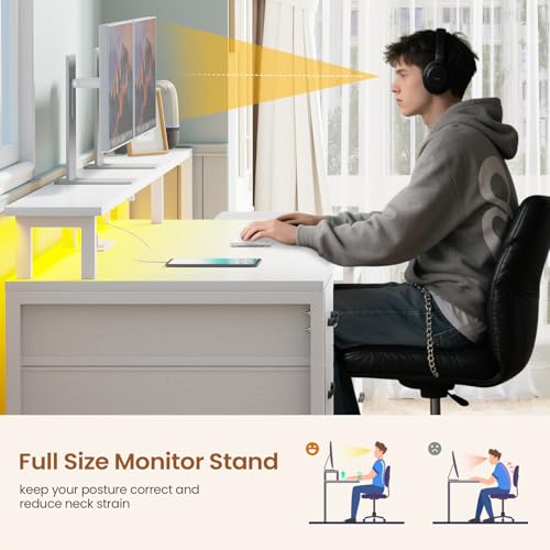 Image of SEDETA White Computer Desk with 5 Drawer & Power Outlet, 66'' Home Office Desk with File Drawer, Storage Shelves, Printer Cabinet and Monitor Shelf, Gaming Desk with Led Lights