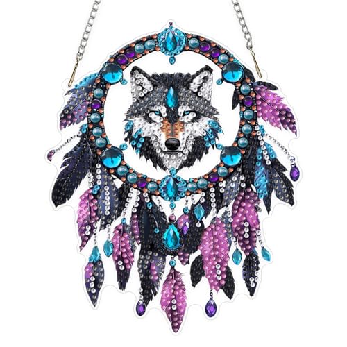 KEYIFA 5D Diamond Painting, Attrape Rêves Loup DIY Peinture Diamant Pendentif, Loisir Creatif Adulte Pendentif en Strass Ornement Suspendu Double Face Pour La...