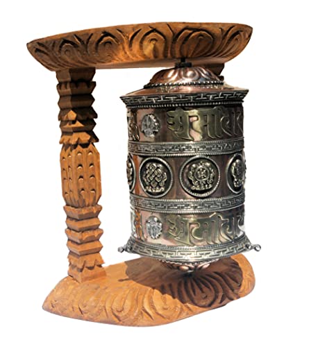 Large Tibetan Prayer Wheel with Wood Frame 8 Auspiciouse Symbol and Om Mane Pad mei hum, Hang it or Sits in Flat Surface,Handcrafted by Himalayan Artisan in Nepal