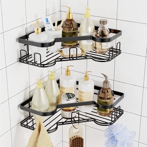 Jomoq Shower Caddy, 2 Pack Corner Shower Caddy, Adhesive Shower Organizer,Rustproof Stainless Steel No Drilling Shower Shelf for Bathroom and kitchen Storage, Matte Black Cover