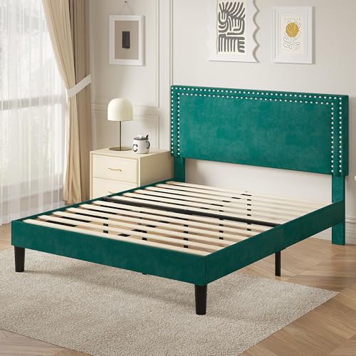 Image of VECELO Full Size Platform Bed Frame with Height Adjustable Upholstered Headboard, Modern Mattress Foundation,Strong Wood Slat Support, No Box Spring Needed, Easy Assembly,Dark Green
