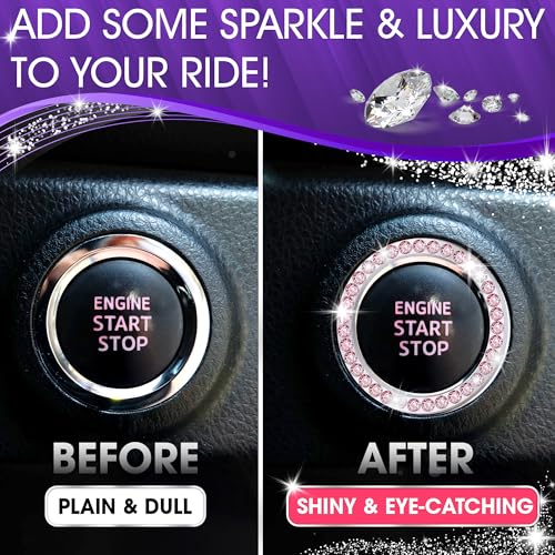 Image of Bling Car Decor Crystal Rhinestone Car Bling Ring Emblem Sticker, Bling Car Accessories for Auto Start Engine Ignition Button Key & Knobs, Bling for Car Interior, Unique Gift for Women (Pink)