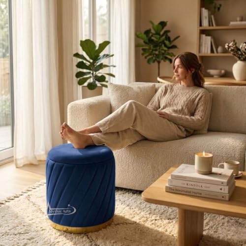 Image of Mythic ArtsRound Upholstered Sitting Stool & Footrest Velvet Storage Ottoman Pouffe16 X 16X 19 inch | Versatile Puffy for Living Room, Bedroom, and Office ? Chic Home Furnishings & Dcor Blue