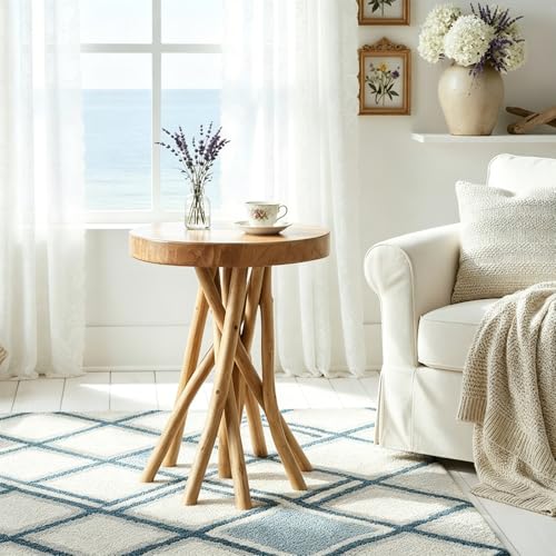 WELLAND Teak Wood Stick Leg End Table, 16' L x 16' W x 20' H Rustic Side Table, Small Accent Table, Plant Stand for Living Room, Bedroom, Home Office