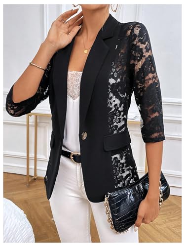 GORGLITTER Women's Lace 3/4 Sleeve Blazer Dressy Casual Trendy Fall Fitted Button Front Business Work Blazer Jacket 20253