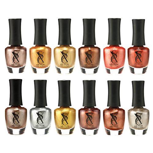 SXC Cosmetics Nail Polish Set, 15ml/0.5oz Full Size Nail Lacquer Gift lot (Pink, Metallic, Neon, Pastel, Gold & Glitter) (12 Color Set, Metallic Gold)