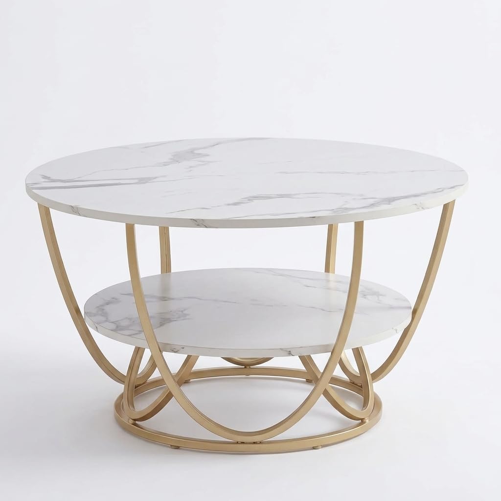 Premium Modern 2-Tier Round Coffee Table with Faux Marble Top & Gold Metal Frame for Living Room (Pre-Assembled)-image-11