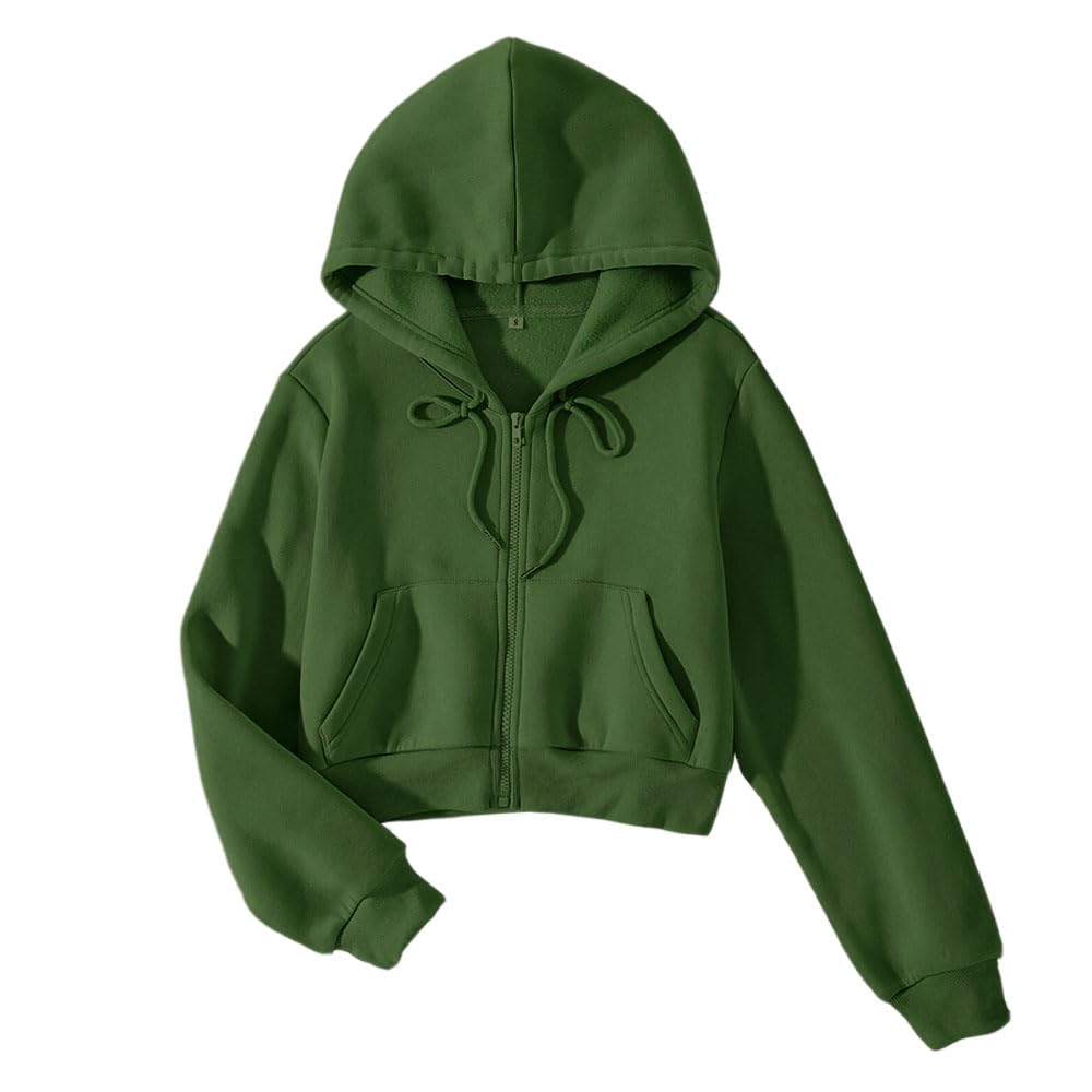 LOFAAC Women Fleece Full Zip Up Cropped Hoodie Sweatshirt 90s Long Sleeve Drawstring Hooded Crop Jacket Top with Pockets