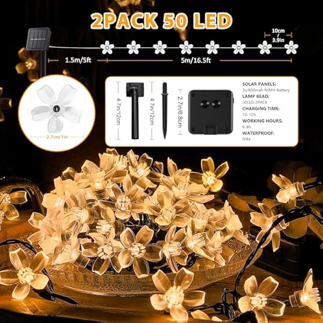 Solar Flower String Lights,2PACK 50 LED Solar Fairy Light Outdoor Waterproof,Cherry Blossoms String Lights for Fence Patio Yard Christmas Tree,Lawn,Patio,Garden Decoration(Warm White)