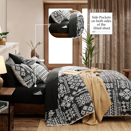 Geniospin Queen Comforter Set - 7 Pieces Reversible Bedding Set, Boho Bed in A Bag, Lightweight Soft Aztec Bedding, All Season Bed Comforter Set with Sheets, Pillowcases & Shams