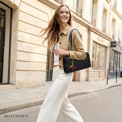 Image of BOSTANTEN Shoulder Bag with Cherry Charm Vegan Leather Purse for Women | Quiet Luxury Vintage Style, Structured Handbag, Handle Strap, Well-Organized Pockets, Versatile for Everyday Weekend Office