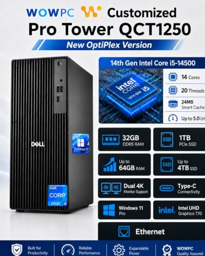 Image of Customized Dell Pro Tower QCT1250 Business Desktop Computer, New OptiPlex Version-14th Gen Core i5-14500, 32GB DDR5, 1TB SSD, Up to 64GB RAM 4TB SSD, Dual 4K Monitor Support, Type-C, Win11 Pro