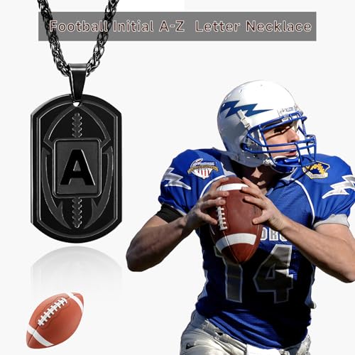 Football Initial Necklace for Men Boys Kids Teen Dog Tag Stainless Steel Sliver/Black/Gold Letter Pendant Sport Football Athletes Jewelry for Him Kids Boys Men Teens Boyfriend Husband Dad3