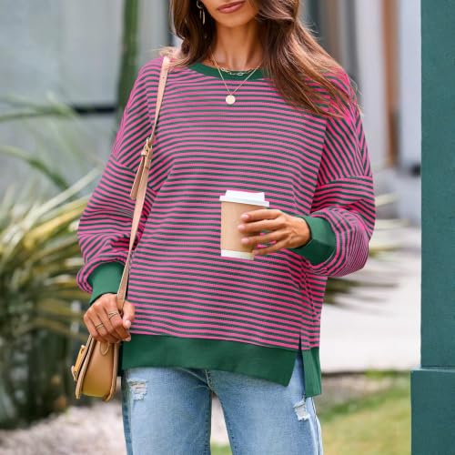 Womens Striped Long Sleeve Shirt Waffle Knit Crewneck Oversized Sweatshirt - image 5