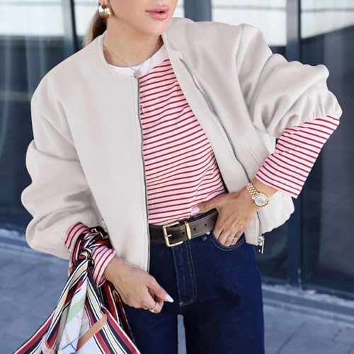 Womens Cropped Bomber Jacket Fall Casual Zip Up Varsity Jackets Trendy Outerwear Coats with Welt Pockets3