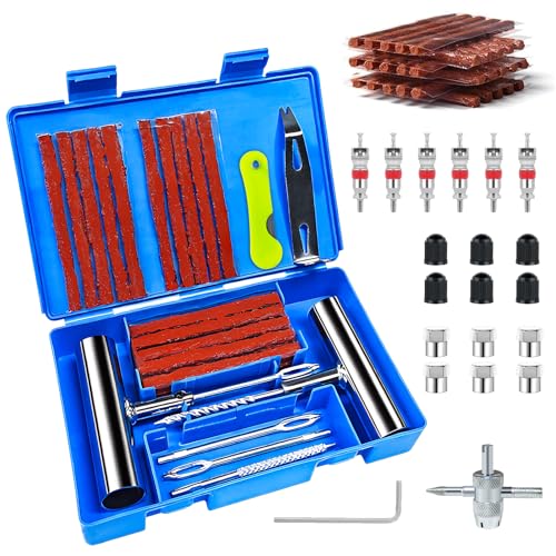 58 Piezas Kit de reparación de neumáticos coche y moto, juego profesional con herramientas de acero inoxidable y caja portátil, ideal para neumáticos sin cámara de automóviles y motos