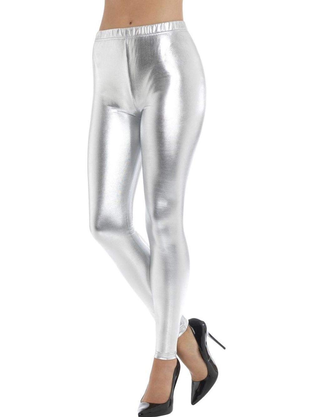 Janisramone Women's Grey New Shiny American Metallic Skinny Disco Leggings Wet Look Stretch Pants