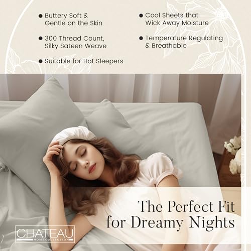 100% Organic Cotton XLTwin Sheets Set, 300TC Sateen Weave 3 PC Twin XL Bed Sheets, Fully Elasticated Sheet & Pillowcase Sets, Soft & Comfy No lint Machine Washable Fade Resistant- Silver