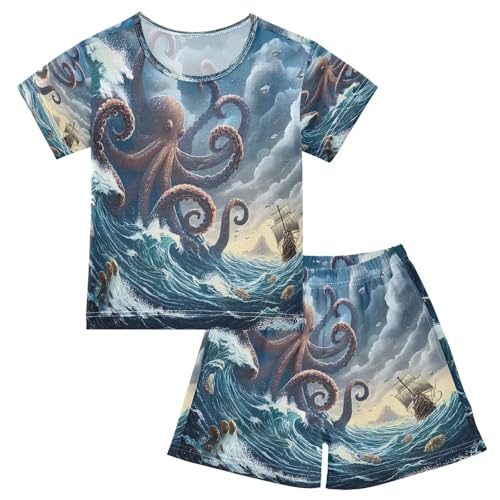 ALAZA Octopus Boat Blue Ocean Pajamas Set Short Sleeve Cotton Sleepwear Summer Pjs 2 Piece 5-14Y