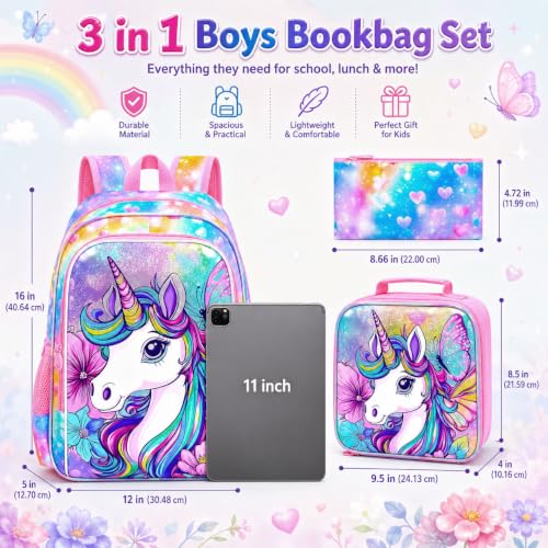 Image of 3Pcs Unicorn Backpack for Girls, 16 inch Kids Bookbag Set with Lunch Box,School Backpacks for Elementary Preschool Kindergarten (Rainbow)