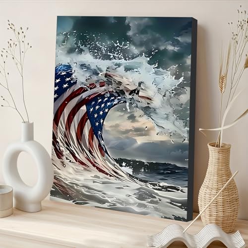 Image of Framed American Flag Ocean Wave Wall Art, Patriotic Abstract Canvas Art Pictures, USA Flag Wall Decor, Made in USA Ready to Hang for Living Room Bar