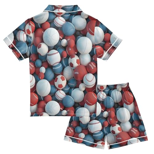 ALAZA Red Blue Ball Soccer Baseball Satin Pajamas Set Short Sleeve Button Down Sleepwear Summer Pjs 2 Piece2