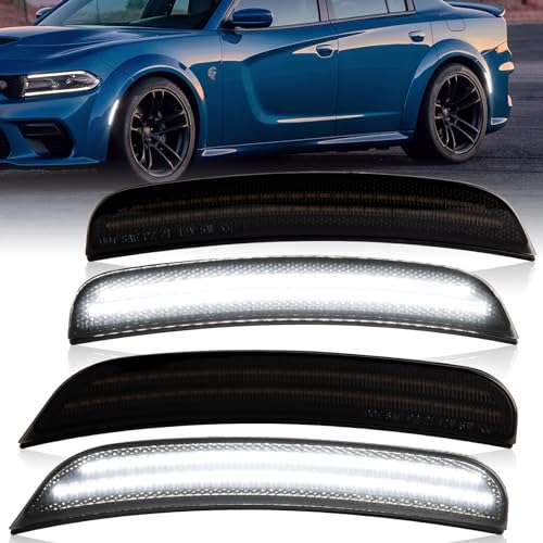 Gempro LED Side Marker Lights Compatible with Dodge Charger LD 2015-2023 Front Rear Bumper Marker Lamps Smoked Len 4PCS (White Led)