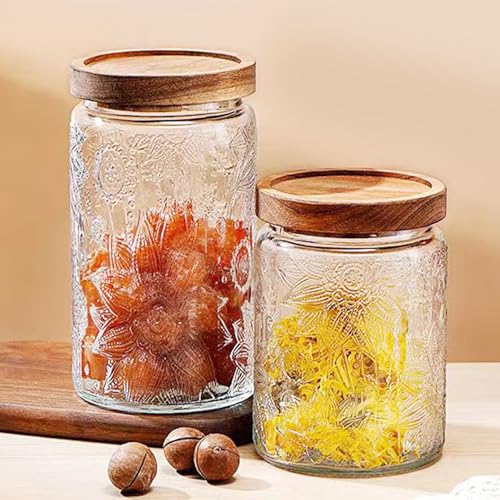 Image of Vintage Glass Jars with Wooden Lids, 24 oz Airtight Glass Food Storage Containers Sets for the Kitchen, Sugar Coffee Tea Cookie Candy Spice Pasta(Sunflower)