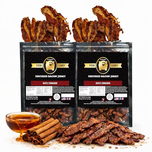 Maple Cinnamon Bacon Jerky – Irresistibly Sweet &amp; Smoky Snack Made from 100% Real Uncured Bacon | Rich Maple Cinnamon Gourmet Flavor | 4 oz Total (Pack of 2, 2 oz Each) - Runnin’ Wild Foods