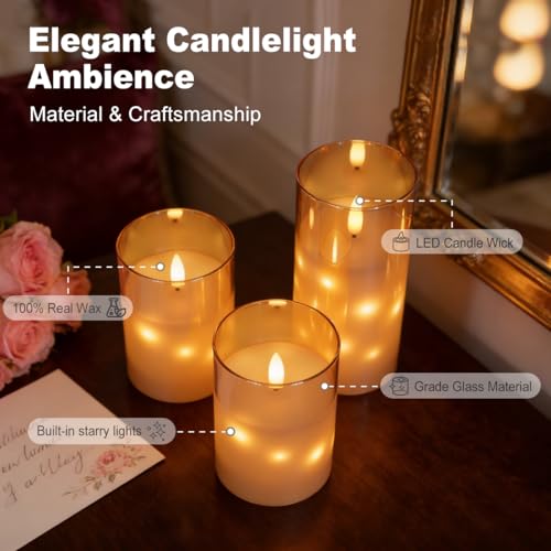 Image of LEDHOLYT Rechargeable Glass LED Flameless Candles, Embedded Star String Flickering Flameless Candles for Romantic Ambiance and Home Decoration with Remote & Timer(Gold)