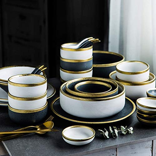 H3TF5J - Juego de vajilla de cerámica, juego de porcelana de 22 piezas, vajilla con borde dorado mate, porcelana para restaurante y hogar, cerámica cocida a alta temperatura