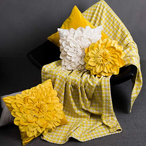 Decorative 3D Flower Throw Pillow Covers Soft Velvet Handmade Pillowcases Cushion Covers for Couch Bed Living Room Home Decor 18x18 Inch Yellow - Image 3