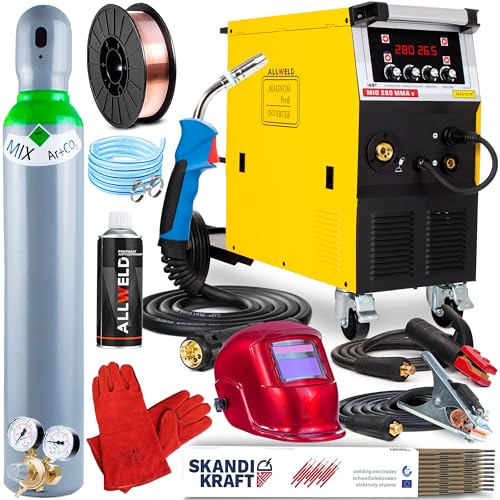 Magnum MIG 280 MMA V - Soldador Inverter Profesional 280 A a 400 V - Soldadura: MIG/MAG, Hilo Tubular, MMA - Regulación de Inductividad - 4 Rodillos, Chasis Rodante - Set ProPlus