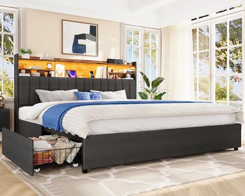 Image of TEENFON King Size Bed Frame with Headboard and 4 Drawers Storage, Bed Frame King Built in LED Lights and Charging Station, Sturdy & Noise-Free Upholstered Platform Metal Bed, Dark Grey