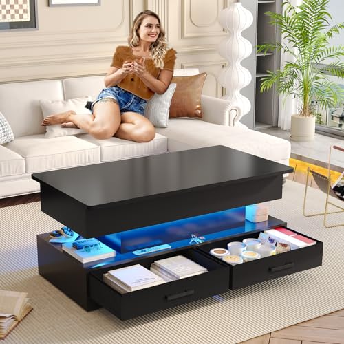 Sedeta 40 Inch Lift Top Coffee Table, Coffee Tables With Storage For Living Room, Small Coffee Table With 2 Fabric Drawers & Led Light For Dining Reception Room thumb #6