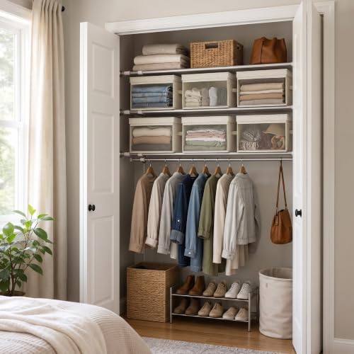Image of StorageWorks Fabric Storage Bins with Lids, Large Closet Storage Bins | Flip-Top Lid, Clear Window, Handles, Collapsible, for Clothes Blankets Books, Closet Box, Beige, 2-Pack