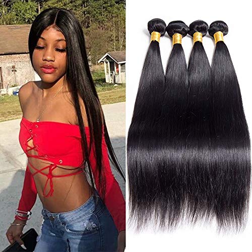 Maxine Hair 4 Bundles 10A Straight Remy Hair Unprocessed Human Hair Extensions Natural Black Double Weft Machine(22 24 26 28Inch)