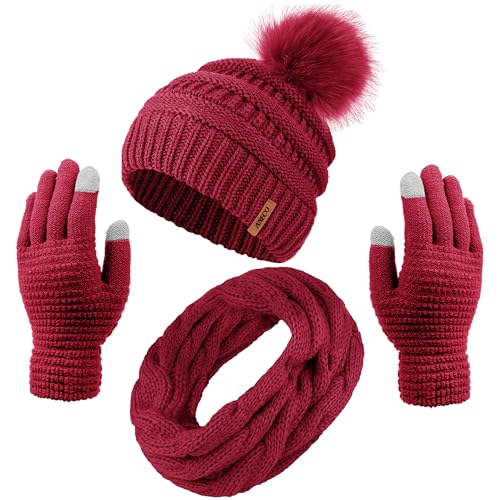 Aneco Womens Winter Warm Sets Knitted Fur Pompoms Beanie Hat Circle Loop Scarf Touch Screen Gloves Winter Favor Accessories