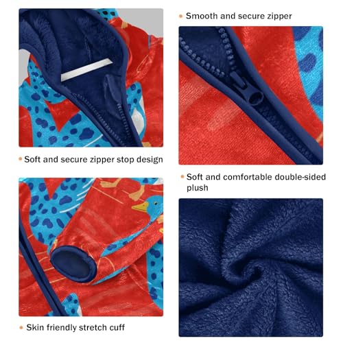 Blue Ducks on Red Background Toddler Fleece Jacket Girl Boys Hooded Fleece Jacket Coat Warm Outwear Zip-up 3-10T3