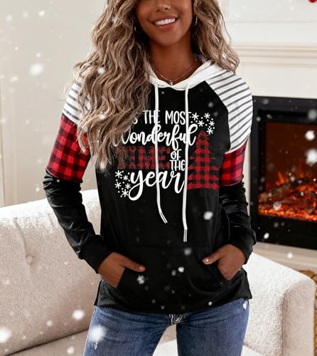 LLHXRUI Merry Christmas Buffalo Plaid Tree Striped Splicing Hoodie Shirt Blouse for Women Christmas Color Block T Shirt Top4