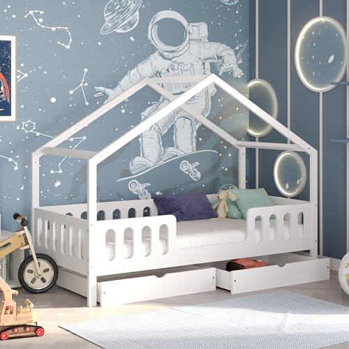 CADANI Kinderbett Hausbett Leo 200x90 cm - Weiß, Massivholz inkl....