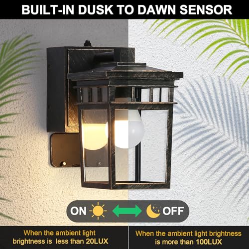 Image of Outdoor Wall Lantern, Dusk to Dawn Porch Light with GFCI Outlet & LED Bulb | Waterproof Wall Sconce with Clear Glass Shade, Outside Exterior Lights for House Garage Front Door, Black with Brushed Gold