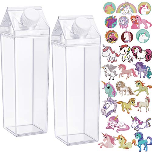2 Stück Milchkarton Wasserflasche 500 ml Entsaften Flaschen Klare Quadrat Milch Flaschen BPA-freie Tragbare Wasserflasche mit 30 Stück Einhorn