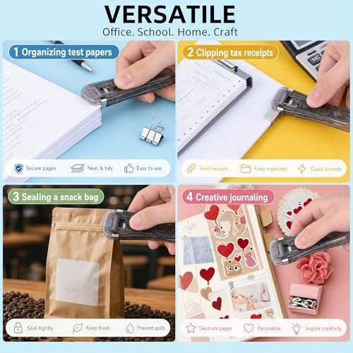 Image of Housoutil Portable Binder Clip Stapler, 2 Pack Mini Push Stapler Handheld, Mini Push Clamp Dispenser with Reusable 50PCS Colorful and 50PCS Silver Clip for Fixing Documents Home School Desk Office
