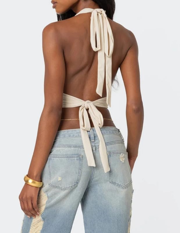 Women Backless Halter Crop Top Sexy Deep V Neck Open Back Camisole Y2K Slim Fit Summer Sleeveless Going Out Tops - Image 4